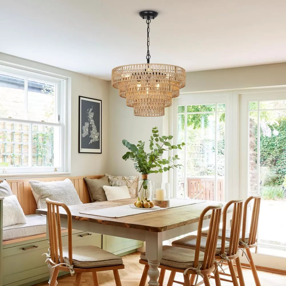 Rattan Shade Pendant Light, 6-Lights Boho Chandelier