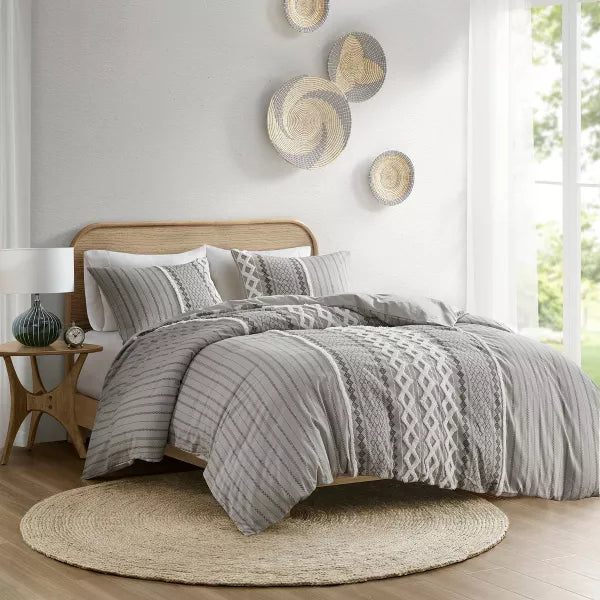 3pc Imani Cotton Printed Duvet Cover Set with Chenille - King/California King