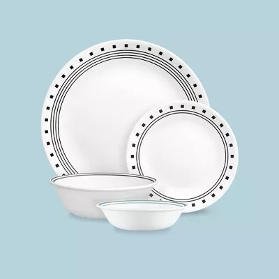 16pc Vitrelle City Block Dinnerware Set: Geometric Pattern, Service for 4, Includes Plates & Bowls, Dishwasher-Safe