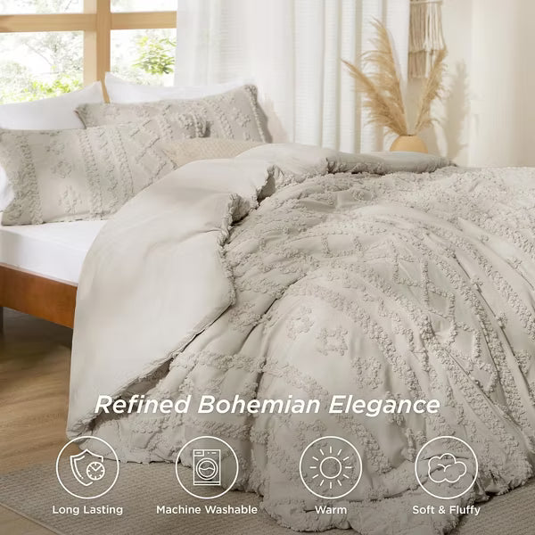 Tufted Boho Comforter Set Bed Set GentleSoft Farmhouse Shabby Chic Embroidery Bedding - Full