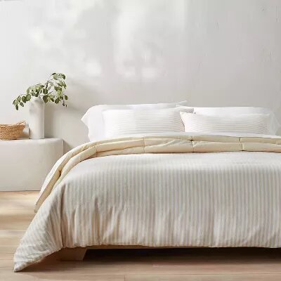 King Heavyweight Linen Blend Stripe Comforter & Sham Set Natural - Woven Rayon-Linen, Zipper Shams