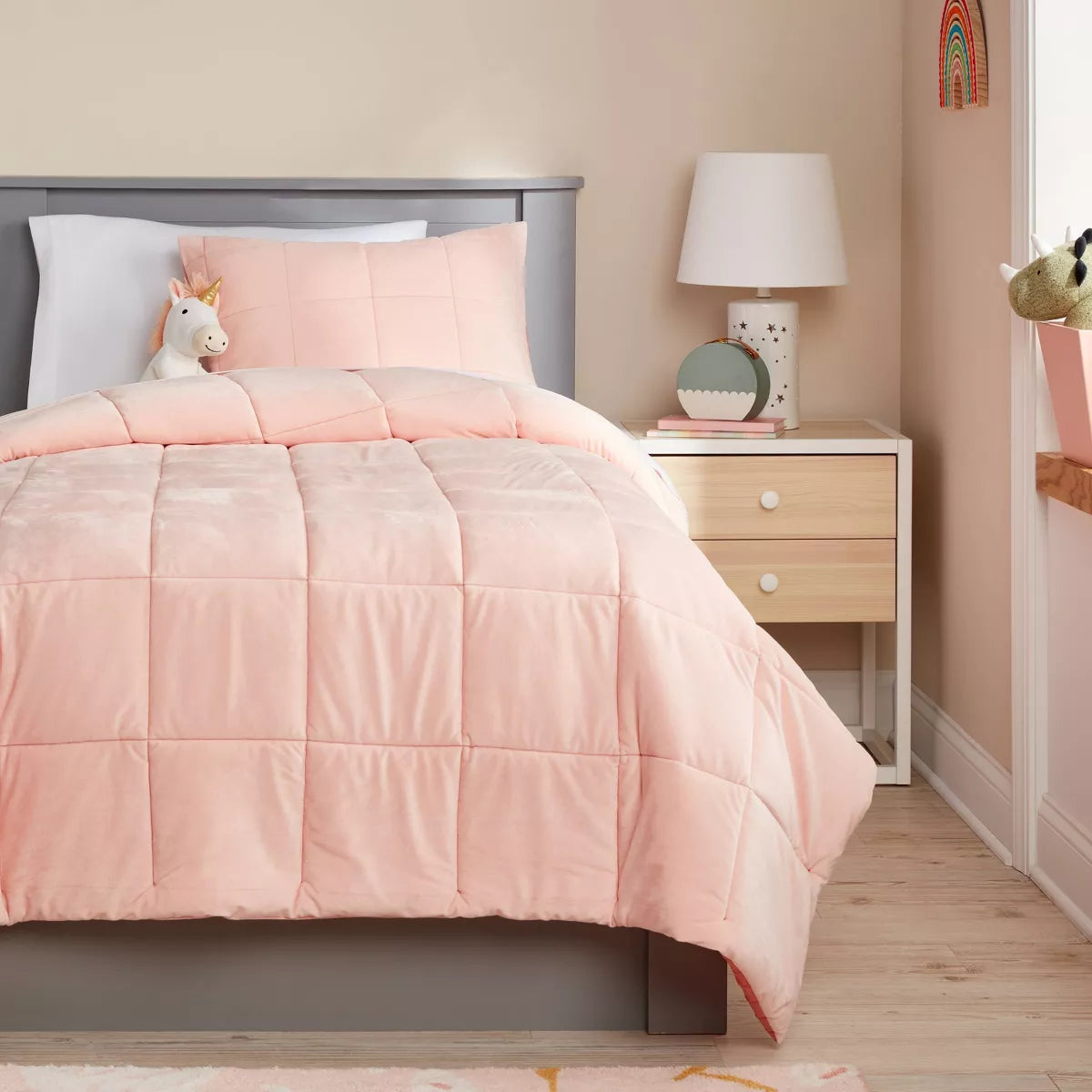 (TWIN)  2pc Kids' Comforter Set - Windowpane Velvet Pink SHOWROOM ITEM