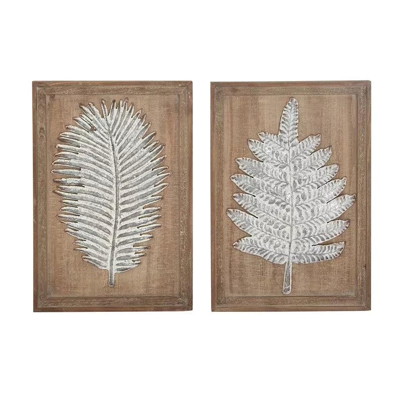 Wood Leaf Carved Wall Decor Set of 2 Material, Modern Style, Vertical Orientation, Mixed Media Artwork