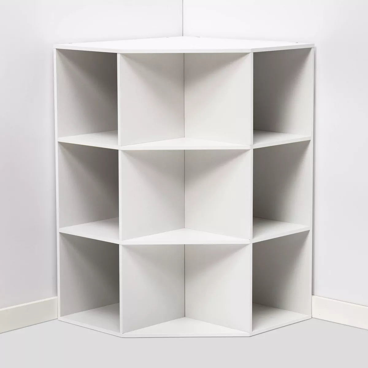 Corner CubeBookshelf White: 9-Compartment Organizer, Fits 11" Cubes, Particle Board Construction