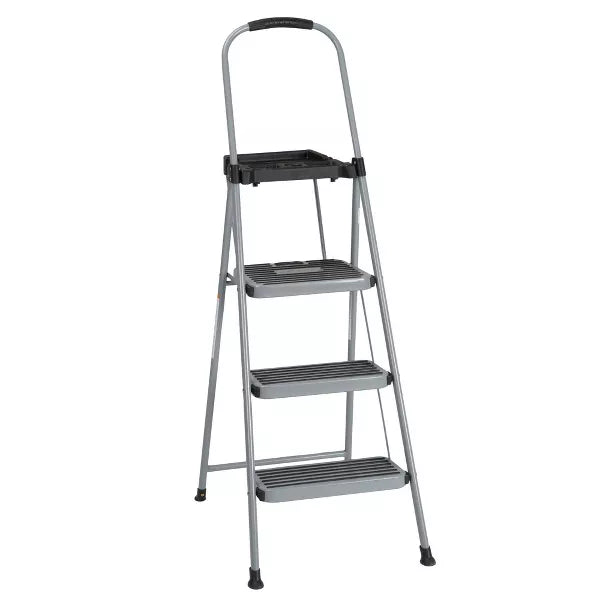 3 Step All Steel Step Stool with Tray: Folding Ladder, Silver, 3 Rungs