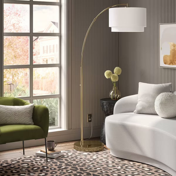 Knurled Metal Arc Floor Lamp with Tiered Shade Brass -Curved Standing Illumination