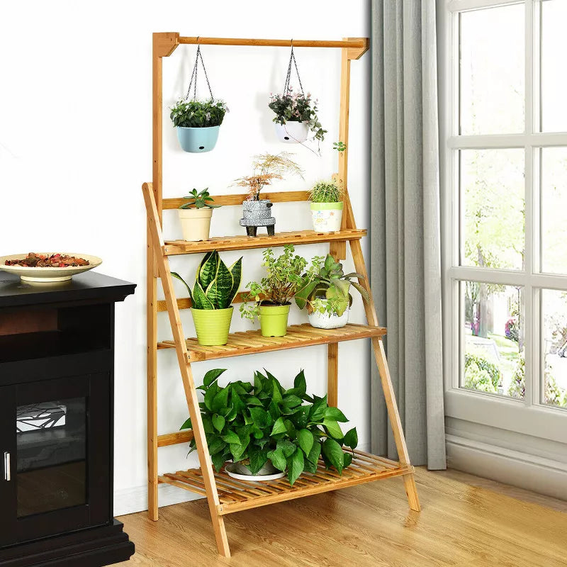 3 Tier Bamboo Hanging Folding Plant Shelf Stand Flower Pot Display Rack Bookcase
