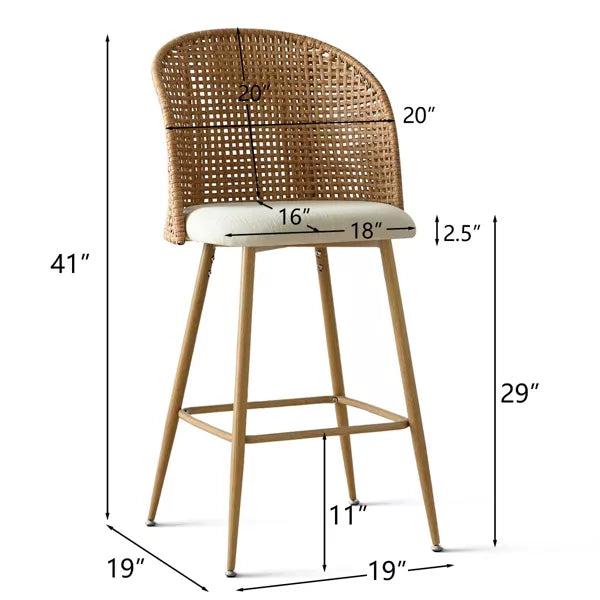 1-Piece Grasse Linen Bar Stool Beige Upholstered Bar Stool with Rattan Back