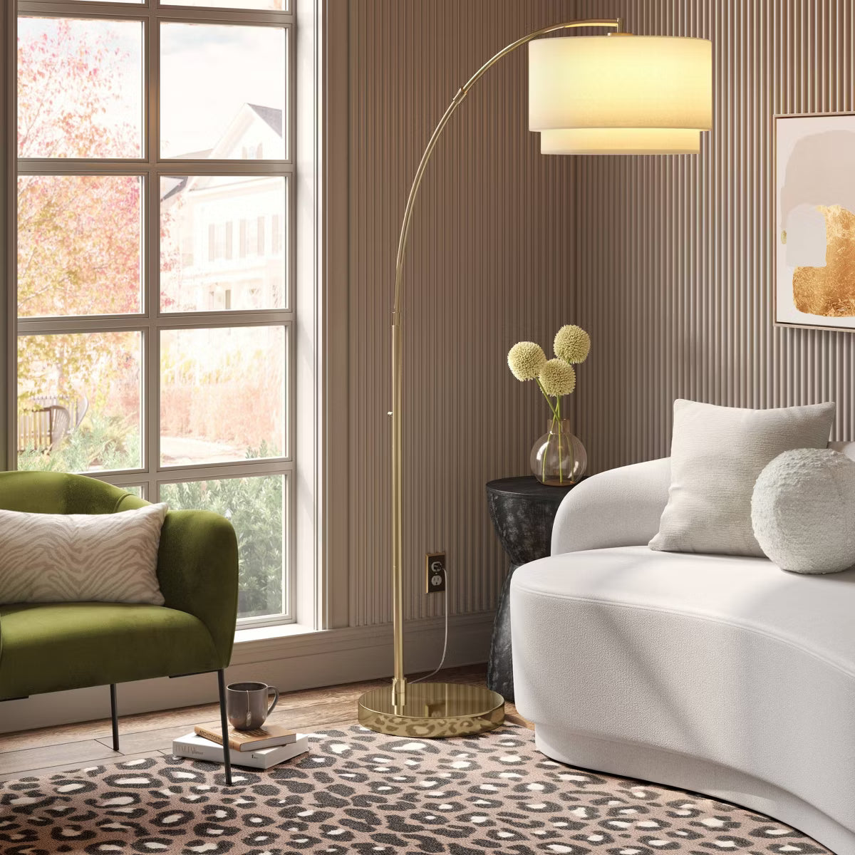 Knurled Metal Arc Floor Lamp with Tiered Shade Brass -Curved Standing Illumination