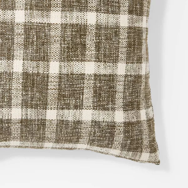 Woven Plaid Square Throw Pillow with Faux Leather Zipper - Indoor Decorative Cushion, Recycled Polyester