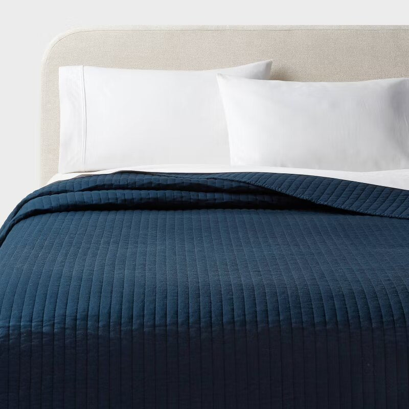 Full/Queen Washed Cotton Sateen Quilt Dark Navy - OEKO-TEX Certified, Midweight Bedspread