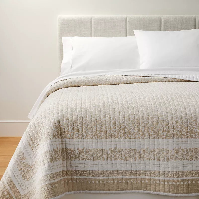 Decorative Border Cotton Slub Wood Block Print Quilt White/Beige Floral - King