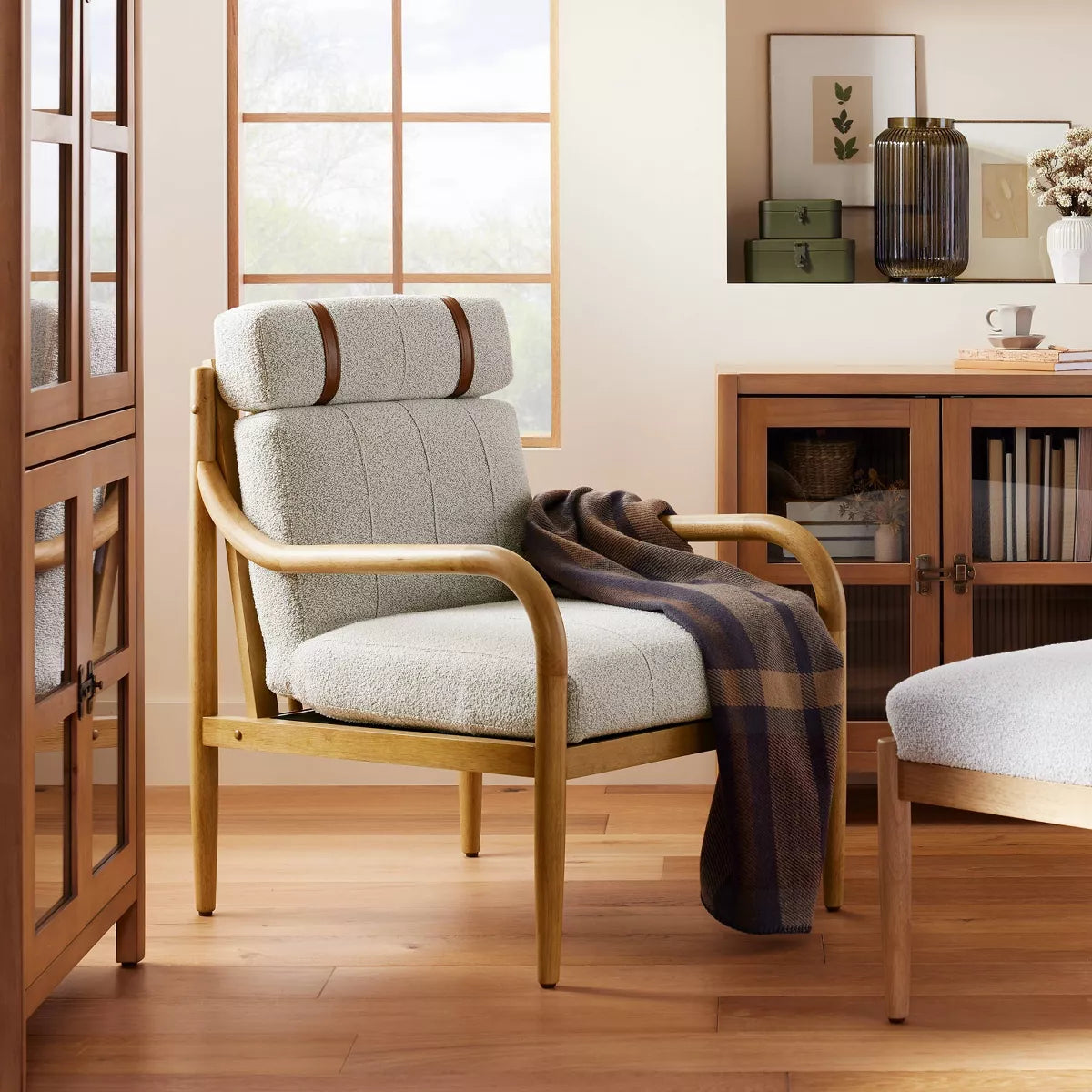 Boucle Upholstered Wood Accent Arm Chair - Oatmeal SHOWROOM ITEM