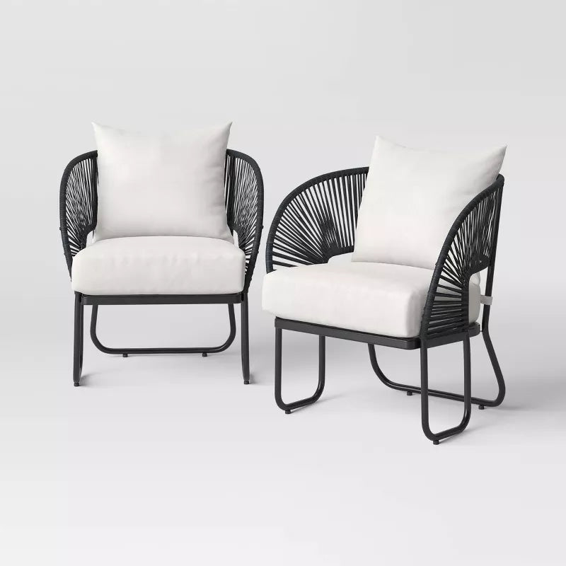 1-Piece Mackworth Rope Outdoor Patio Club Chairs Black - Weather-Resistant Steel Frame, Polyester Cushions