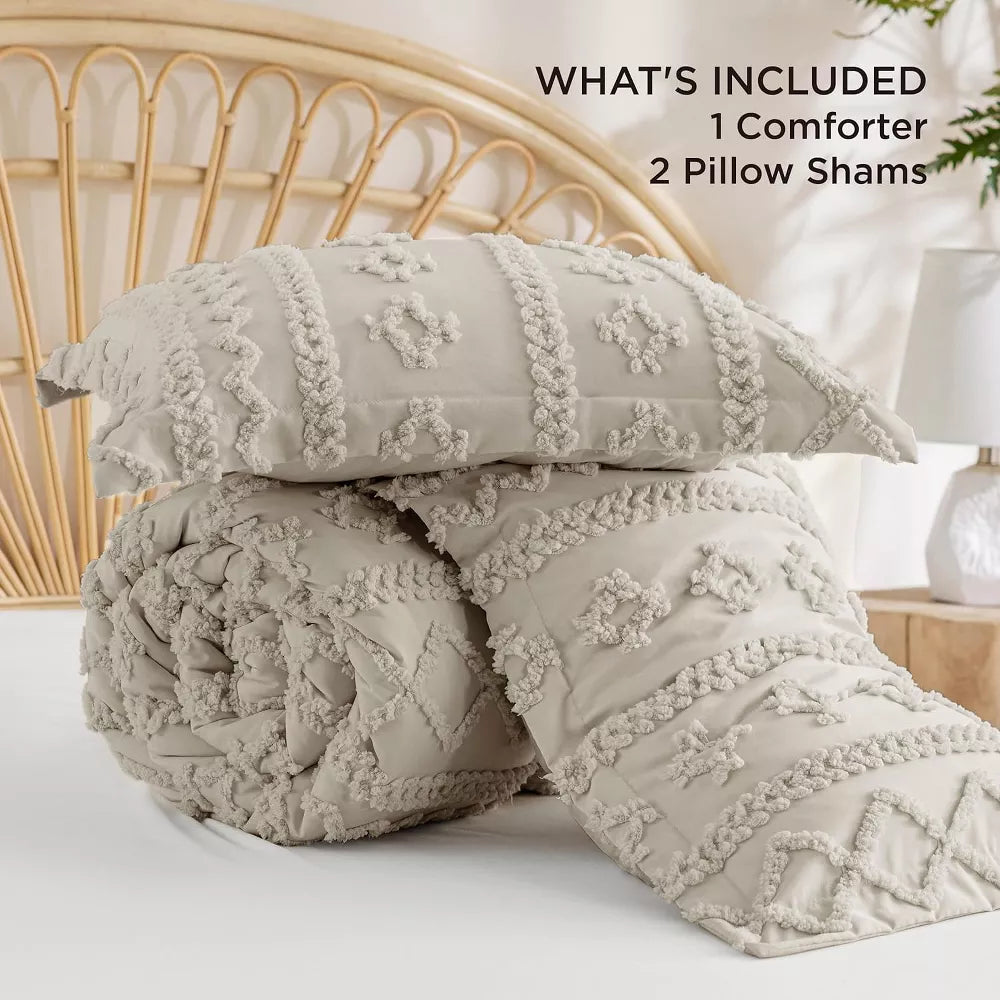 Tufted Boho Comforter Set Bed Set GentleSoft Farmhouse Shabby Chic Embroidery Bedding - Full
