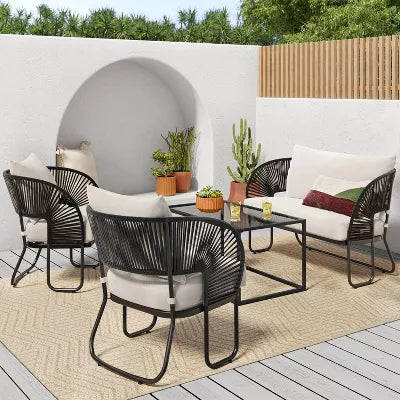 1-Piece Mackworth Rope Outdoor Patio Club Chairs Black - Weather-Resistant Steel Frame, Polyester Cushions