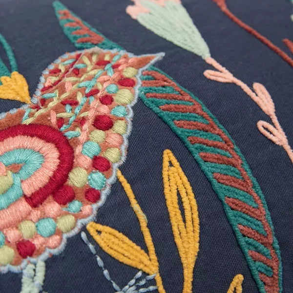Oversized Poly Filled Botanical with Birds Lumbar Throw Pillow -  Embroidered, Cotton Canvas