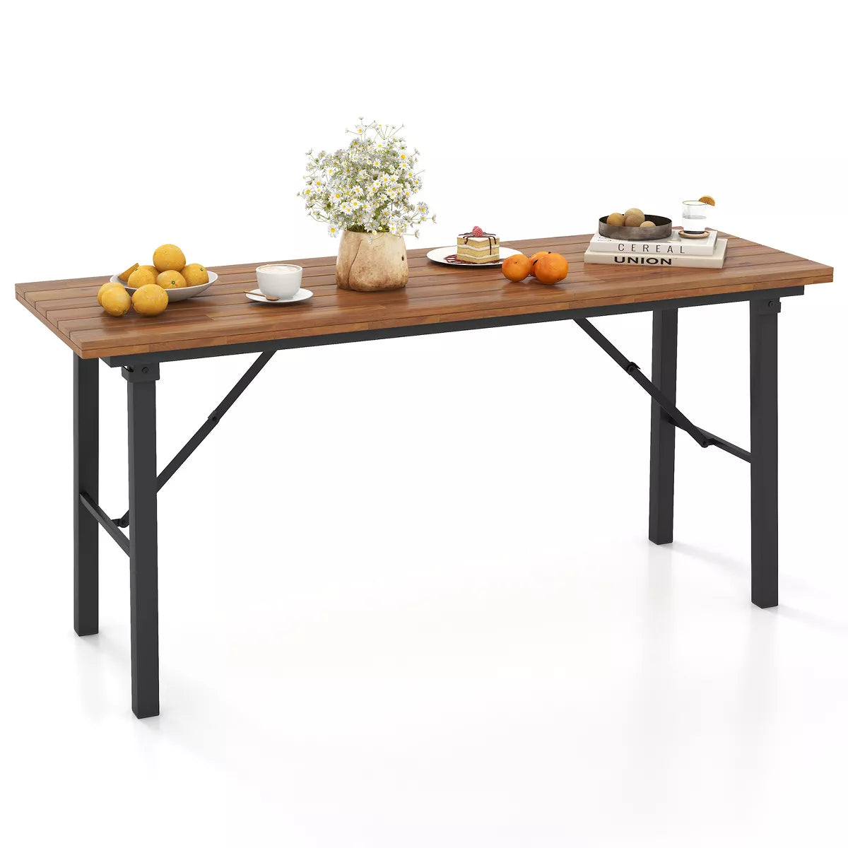 59" Tangkula Outdoor Dining Table with Acacia Wood Top and Metal Frame SHOWROOM ITEM