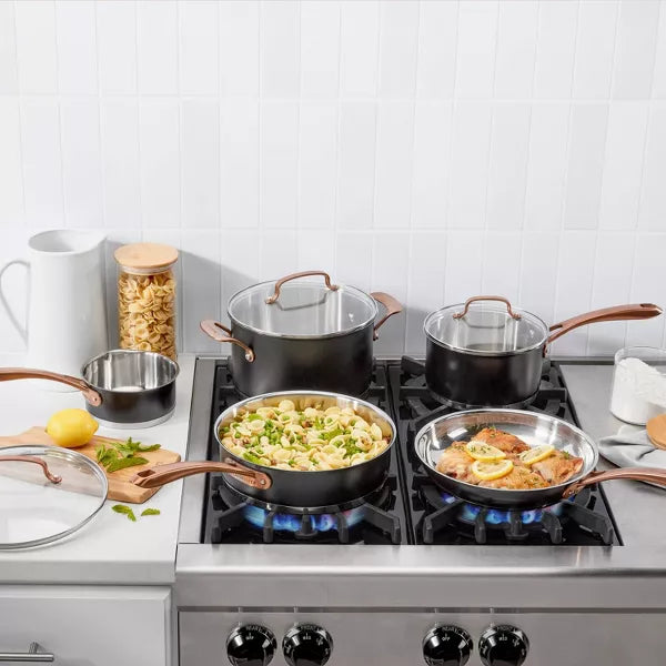 8pc Classic Matte Stainless Steel Cookware Set Black Blush Bronze Handles: Dishwasher-Safe, Tempered Glass Lids