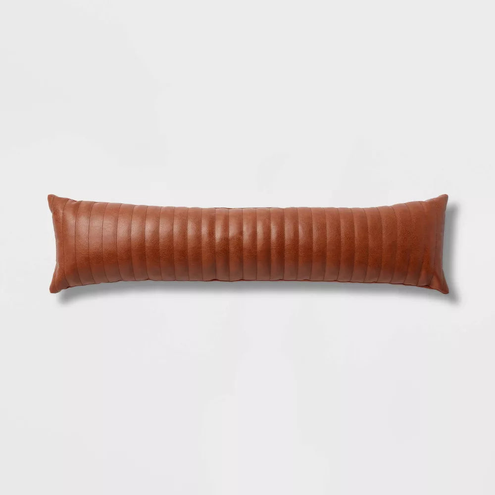 Lumbar Faux Leather Channel Stitch Decorative Throw Pillow