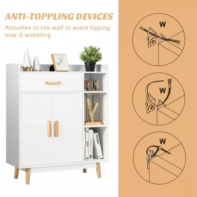 Floor Storage Cabinet Free Standing Cupboard Chest w/1 Drawer 2 Doors 3 Shelves