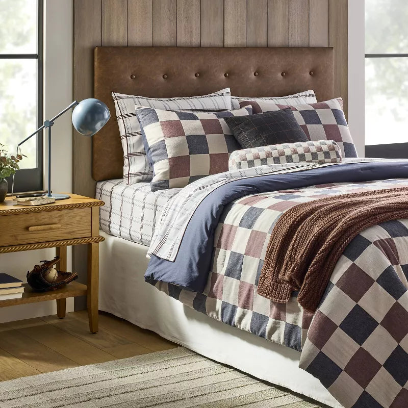 Woven Check Comforter Set Neutral/Navy/Burgundy - Twin/ Twin XL