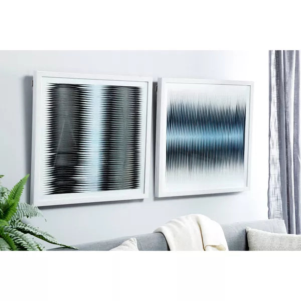 (Set of 2) Square Fabric Shadow Box Abstract Wall Art Black/White/Blue