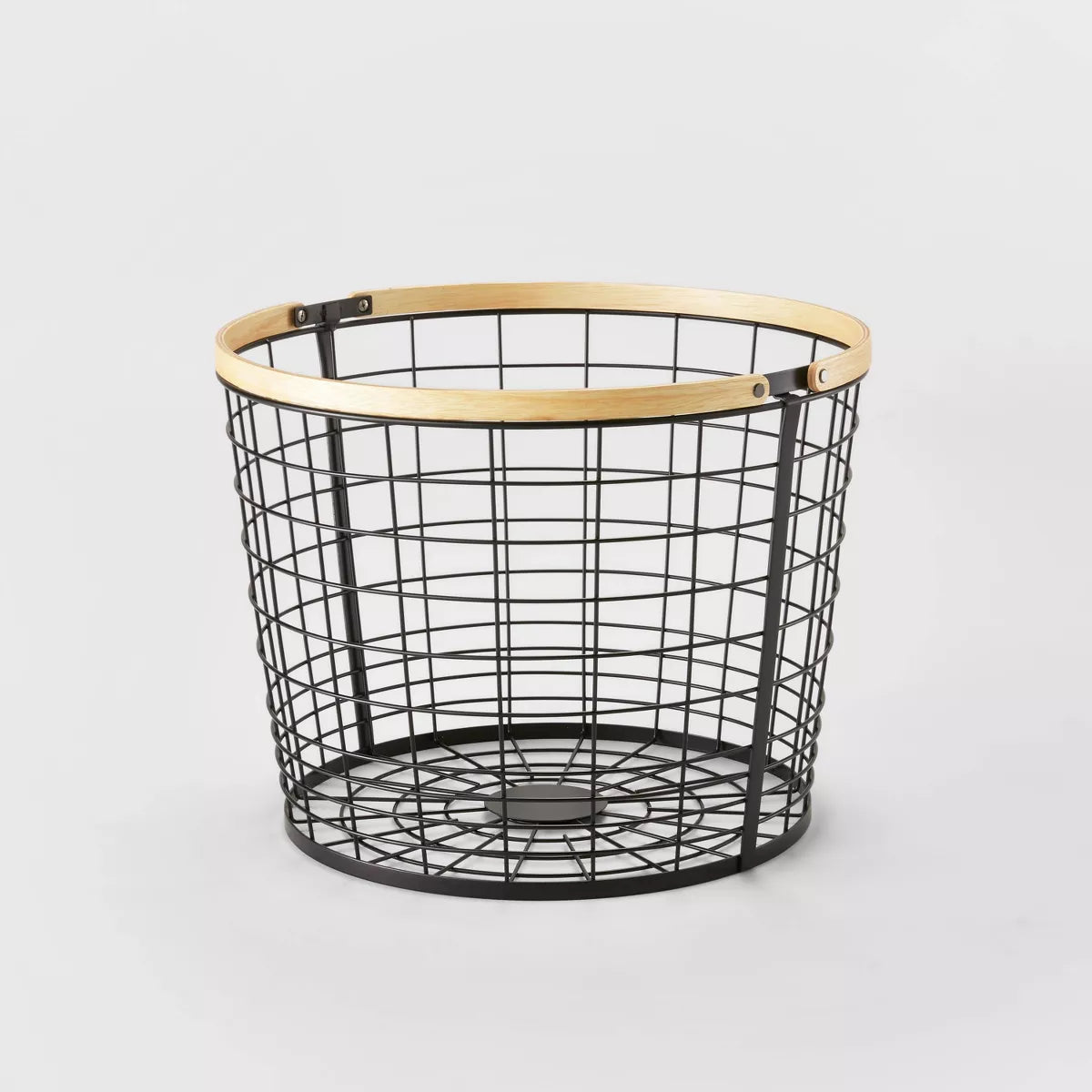 Round Black Wire with Natural Wood Handles Floor Basket SHOWROOM ITEM