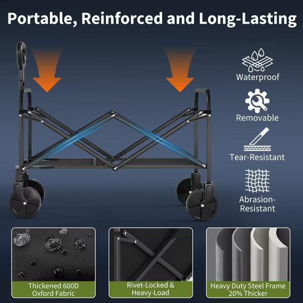 Foldable Utility Wagon with All-Terrain Wheels, Collapsible Wagon Carts