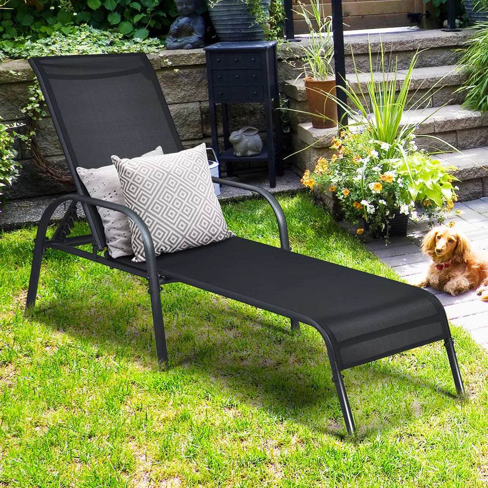 2PCS Outdoor Patio Lounge Chair Chaise Fabric Adjustable Reclining Armrest Black