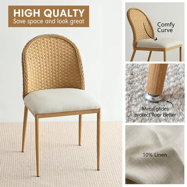 1-Piece Barcelona Rattan Dining Room Chair, Linen Dining Chair with Double Layer Rattan Back, Cane Dining Chair with Metal Legs