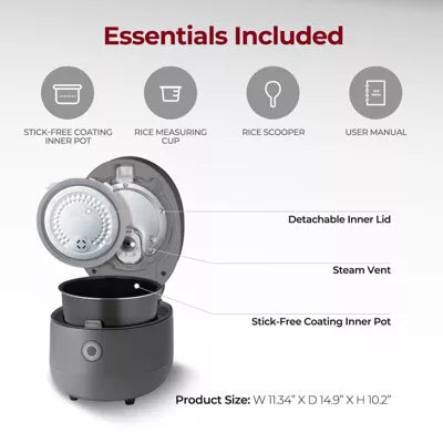 6-Cup Micom Rice Cooker and Warmer Gray: 12 Settings, Automatic Keep Warm, Timer, Dishwasher-Safe Parts