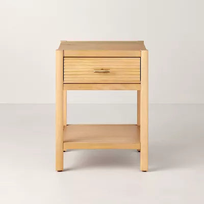 Grooved Wood Square Accent Side Table with Drawer - Natural