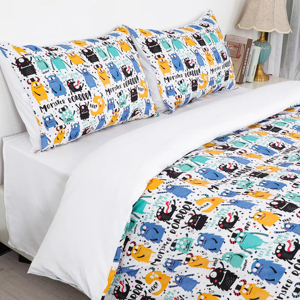 5 Piece Polyester Duvet Cover with 2 Pillowcases Fitted Sheet Flat Sheet Cartoon Series Pattern Kids Bedding Set,  Full