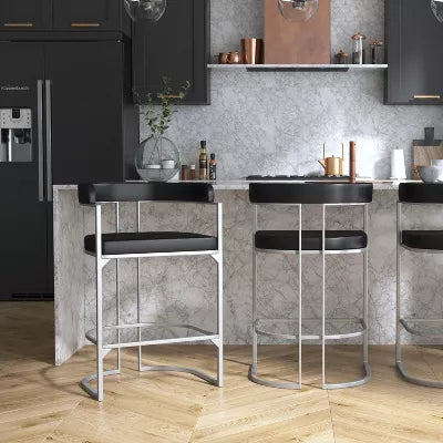 Cannonwood Half Moon Shape Metal Upholstered Back Counter Height Barstool Silver: Faux Leather
