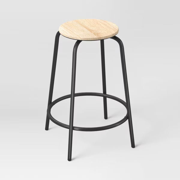Set of 2 Wood with and Metal Base Backless Counter Height Barstool Stool Natural