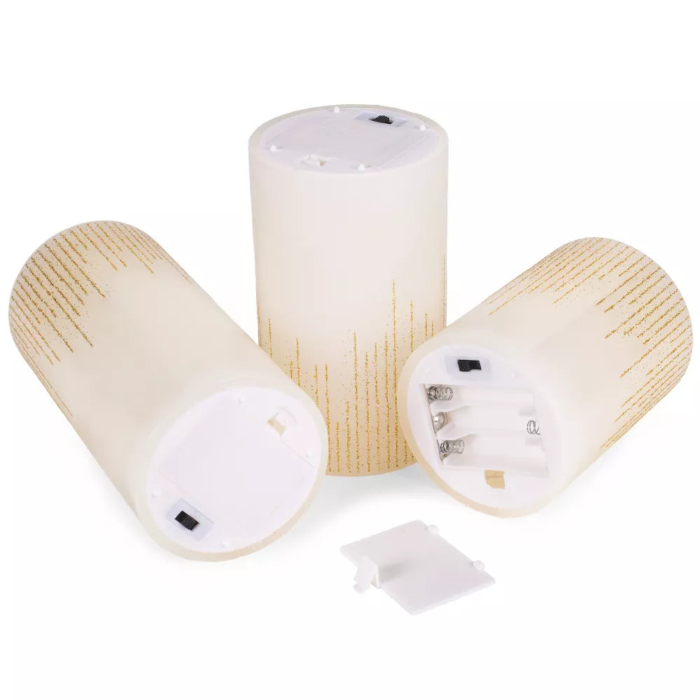 Raindrop Gold Tone Glitter Wax LED Flameless Pillar Candles Set of 3, final cut
