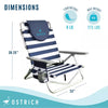 On-Your-Back Sand Chair, Beach Reclining Lawn Chair w/Backpack Straps, Outdoor Furniture for Pool, Camping, or Backyard, Blue Stripe