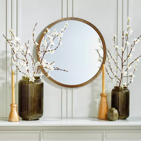 Pleated Brass Round Wall Mirror Antique Finish