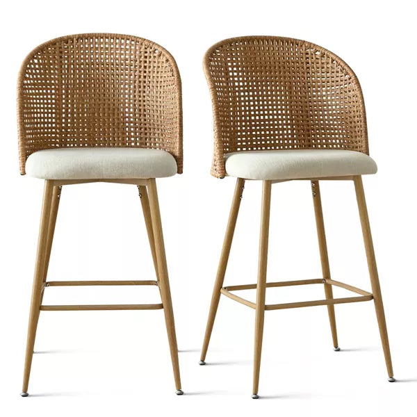 1-Piece Grasse Linen Bar Stool Beige Upholstered Bar Stool with Rattan Back