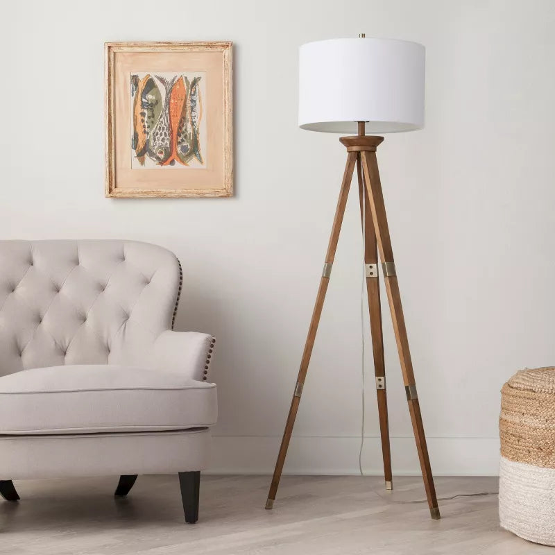 Oak Wood Tripod Floor Lamp Dark Brown