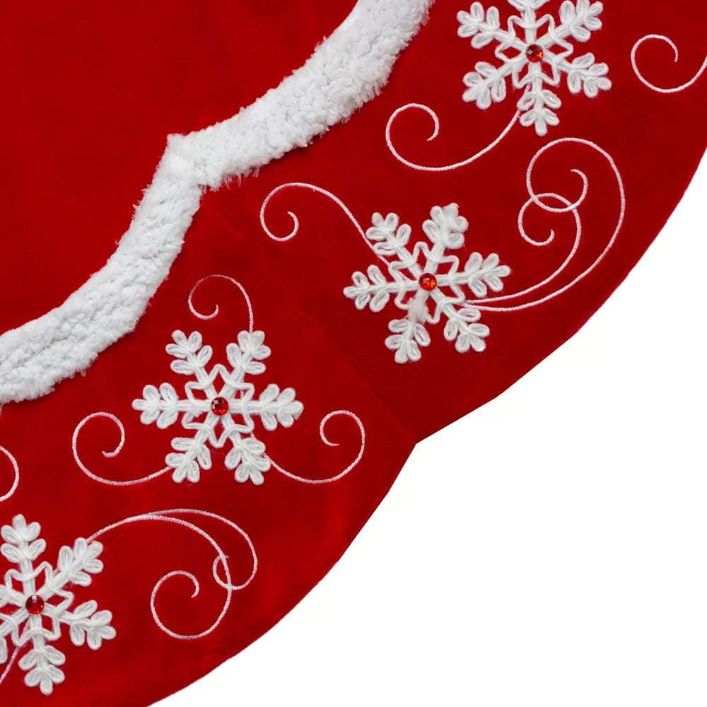 Velvet Red and White Snowflake Scallop Christmas Tree Skirt final cut