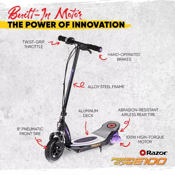 Power Core Electric Scooter with Aluminum Deck, Hand Operated Front Brake, and Adjustable Handlebar Height, Purple