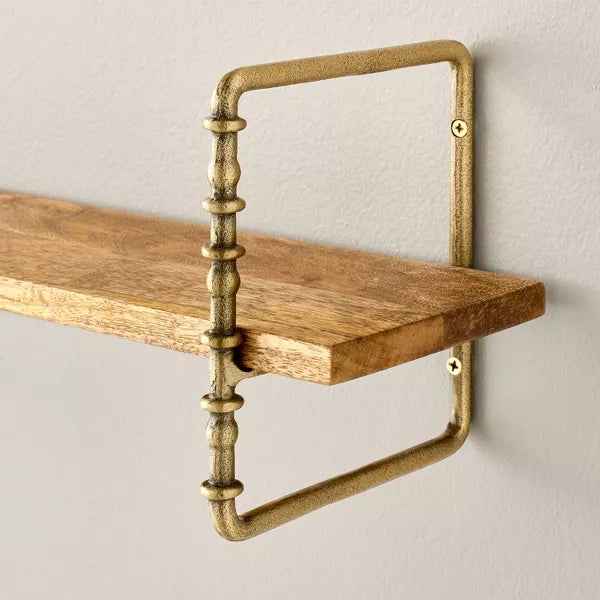 Turned Brass and Wood Wall Shelf