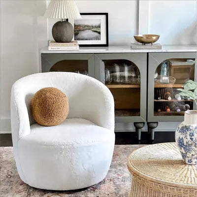 Bella Swivel Barrel Chair,2 Size Soft Touch Upholstered White Teddy Swivel Chair, Armrest 360° Swivel Nursery Chair