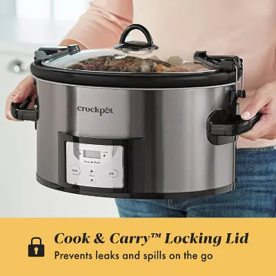 Cook & Carry Programmable Easy-Clean Slow Cooker Stainless Steel: 3 Settings, Dishwasher-Safe Parts