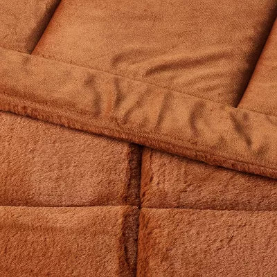Luxe Box Stitch Faux Rabbit Fur Comforter and Sham Set Brown - Full/Queen