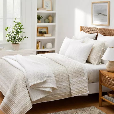 Decorative Border Cotton Slub Wood Block Print Quilt White/Beige Floral - King