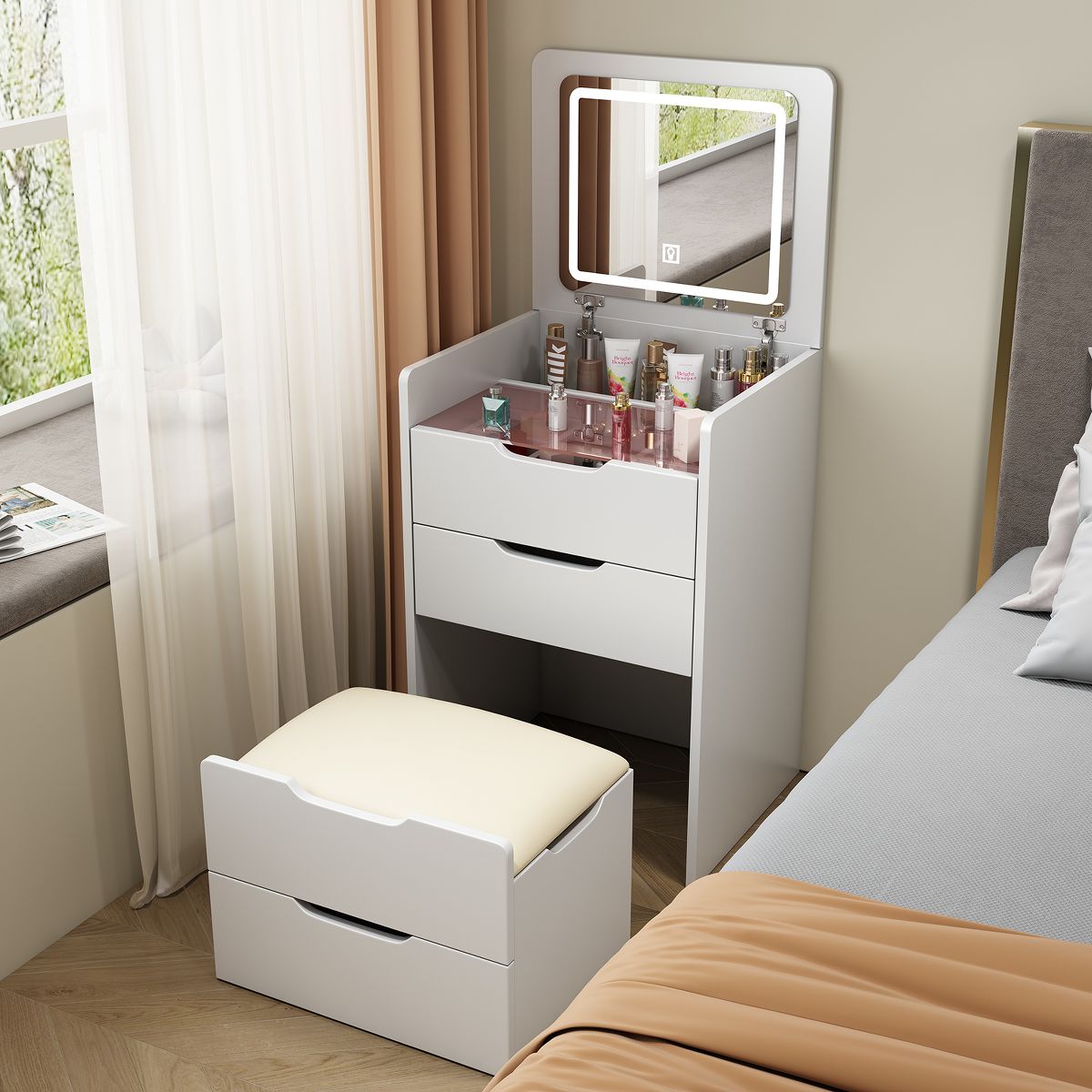3 in 1 Vanity Desk with Plip Top Mirror - White SHOWROOM ITEM
