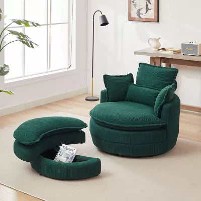 360° Swivel Chair Corduroy Upholstered Accent Chair with Moon Storage Ottoman, Oversized Accent Barrel Armchair with 4 Pillows